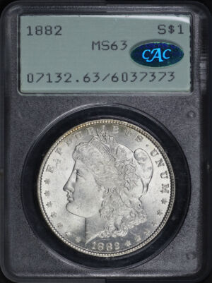 Obverse of this 1882 Morgan Dollar PCGS MS-63 CAC Old Green Rattler Holder
