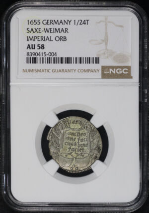 Obverse of this 1655 German States Saxe-Weimar Silver Imperial Orb 1/24 Thaler (Groschen) KM#40 NGC AU-58