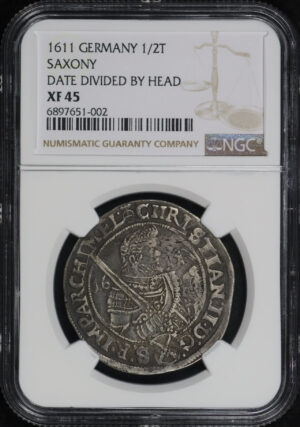 Obverse of this 1611 Germany  1/2T Saxony Date Divided BY Head NGC XF-45
