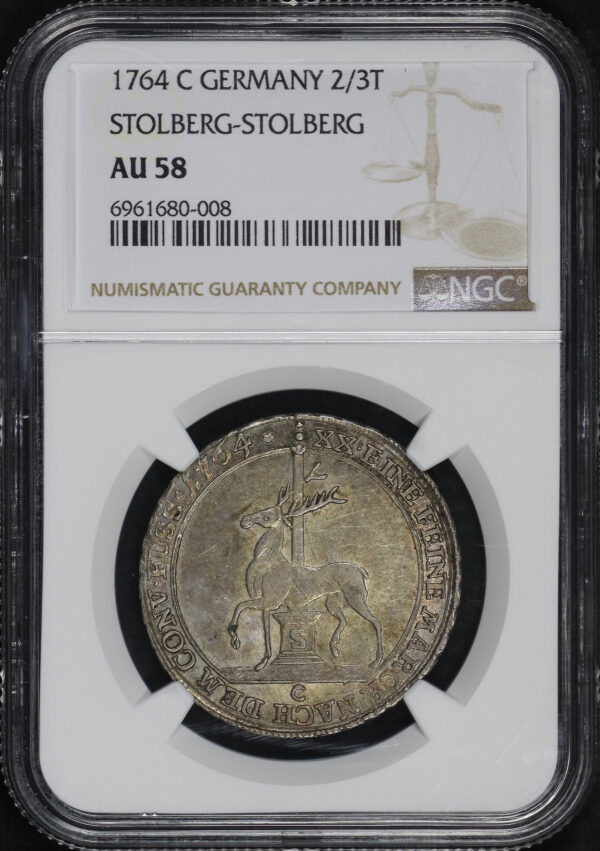 Obverse of this 1764 C Germany  2/3T Stolberg-Stolberg NGC AU-58