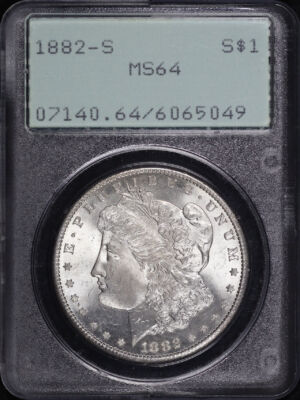 Obverse of this 1882-S Morgan Dollar PCGS MS-64 Old Green Rattler Holder