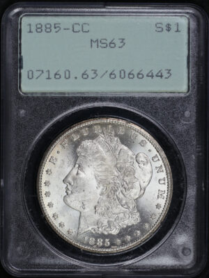 Obverse of this 1885-CC Morgan Dollar PCGS MS-63 Old Green Rattler Holder