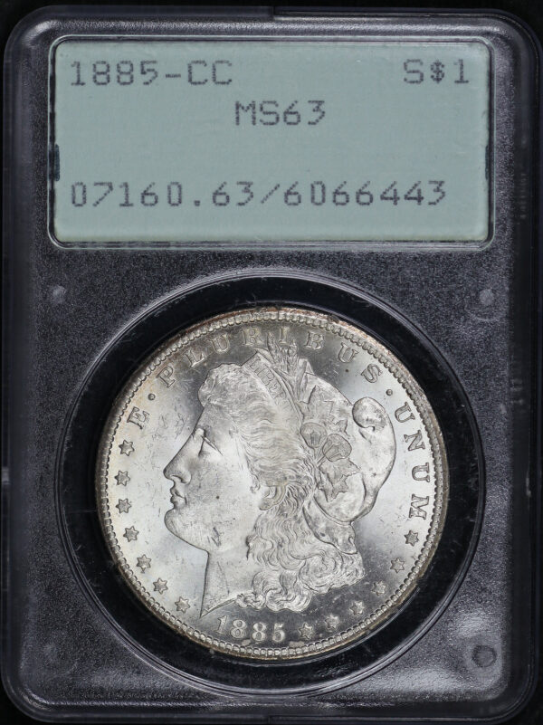 Obverse of this 1885-CC Morgan Dollar PCGS MS-63 Old Green Rattler Holder