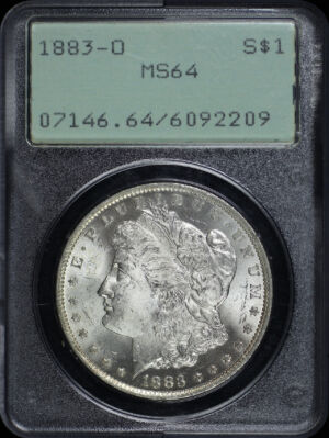 Obverse of this 1883-O Morgan Dollar PCGS MS-64 Old Green Rattler Holder