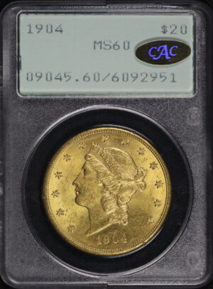 Obverse of this 1904 Liberty Head $20 Type 3 PCGS MS-60 Gold CAC Old Green Rattler