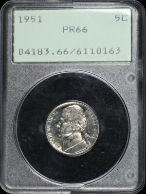 Obverse of this 1951 Jefferson Nickel PCGS PR-66 Green Rattler Holder