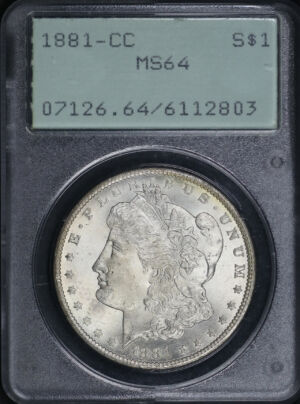 Obverse of this 1881-CC Morgan Dollar PCGS MS-64 Old Green Rattler Holder