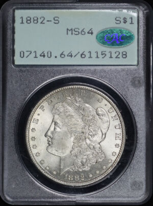 Obverse of this 1882-S Morgan Dollar PCGS MS-64 CAC Old Green Rattler Holder