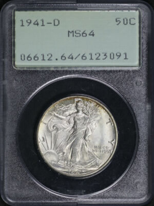 Obverse of this 1941-D Walking Liberty Half Dollar PCGS MS-64 Old Green Rattler Holder