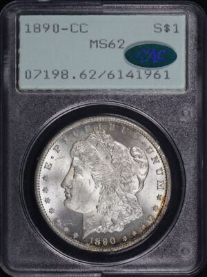 Obverse of this 1890-CC Morgan Dollar PCGS MS-62 CAC Old Green Rattler Holder
