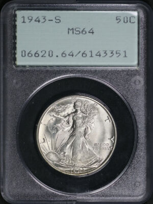 Obverse of this 1943-S Walking Liberty Half Dollar PCGS MS-64 Old Green Rattler Holder