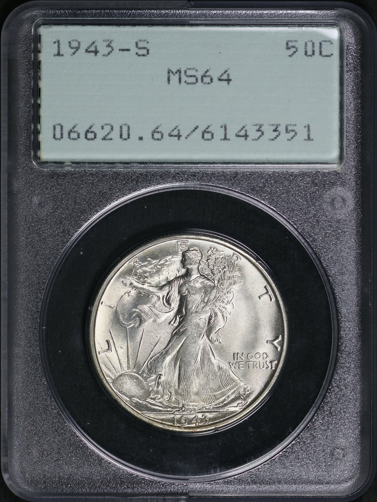 Obverse of this 1943-S Walking Liberty Half Dollar PCGS MS-64 Old Green Rattler Holder