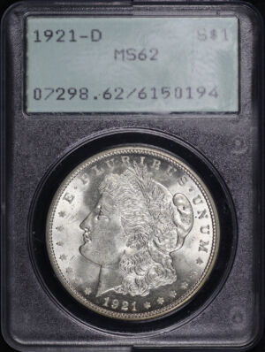 Obverse of this 1921-D Morgan Dollar PCGS MS-62 Old Green Rattler Holder