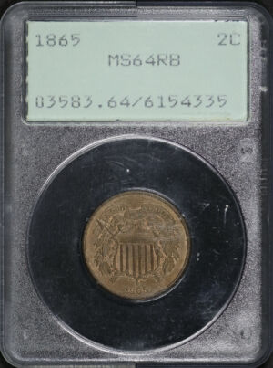 Obverse of this 1865 Two Cent PCGS MS-64 RB Old Green Rattler Holder 