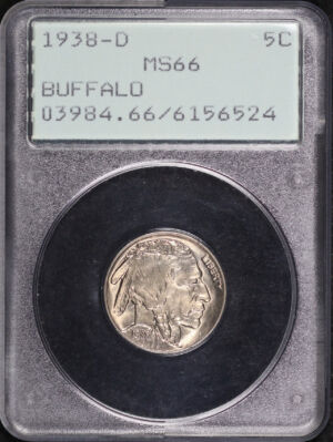 Obverse of this 1938-D Buffalo Nickel PCGS MS-66 Old Green Rattler Holder