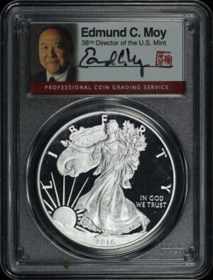 Obverse of this 2016-W Silver Eagle 30th Anniversary Lettered Edge PCGS PR-70 DCAM 1 Of 300 Edmund C. Moy Signature Label