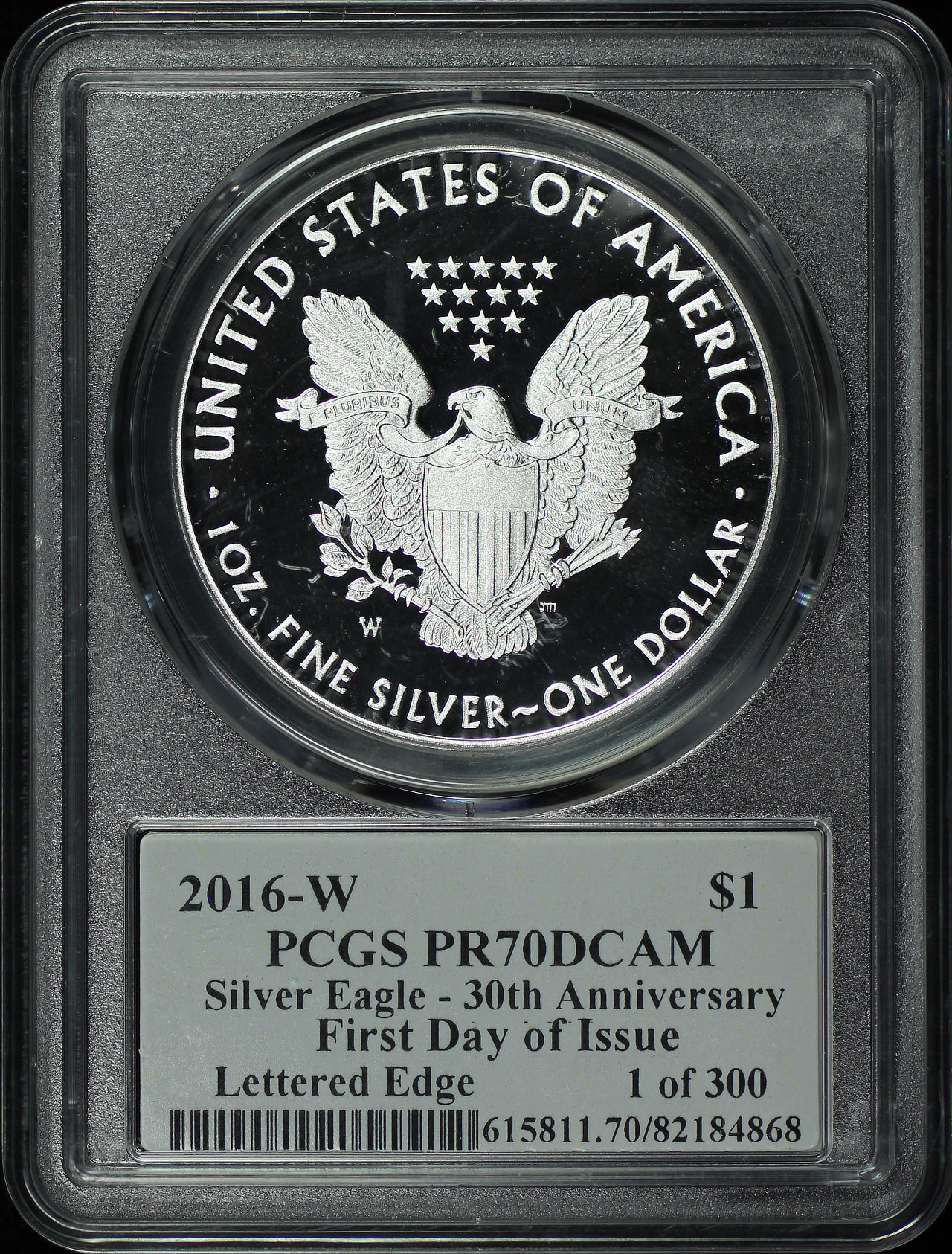Gallery image of this 2016-W Silver Eagle 30th Anniversary Lettered Edge PCGS PR-70 DCAM 1 Of 300 Edmund C. Moy Signature Label