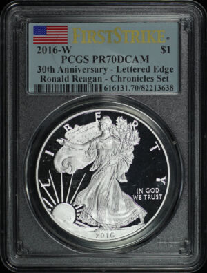 Obverse of this 2016-W Silver Eagle 30th Anniversary Lettered Edge PCGS PR-70 DCAM First Strike Ronald Reagan Chronicles Set