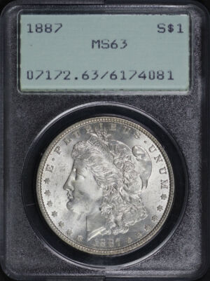 Obverse of this 1887 Morgan Dollar PCGS MS-63 Old Green Rattler Holder