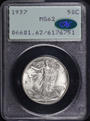 Obverse of this 1937 Walking Liberty Half Dollar PCGS MS-62 CAC Old Green Rattler Holder