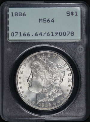 Obverse of this 1886 Morgan Dollar PCGS MS-64 Old Green Rattler Holder