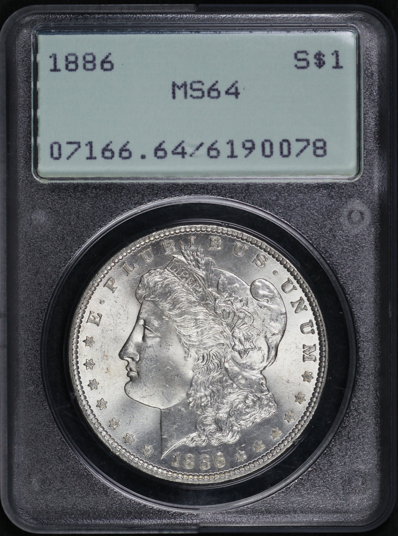 Obverse of this 1886 Morgan Dollar PCGS MS-64 Old Green Rattler Holder