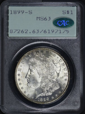 Obverse of this 1899-S Morgan Dollar PCGS MS-63 CAC Old Rattler Holder
