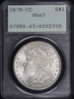 Obverse of this 1878-CC Morgan Dollar PCGS MS-63 Old Green Rattler Holder