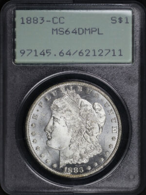 Obverse of this 1883-CC Morgan Dollar PCGS MS-64 DMPL Old Green Rattler Holder