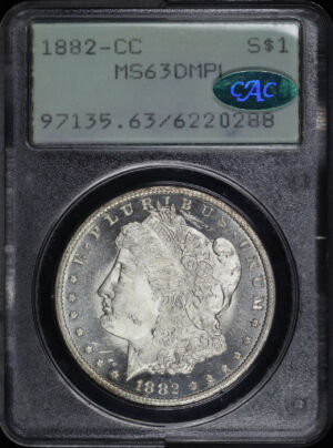 Obverse of this 1882-CC Morgan Dollar PCGS MS-63 DMPL CAC Old Green Rattler Holder