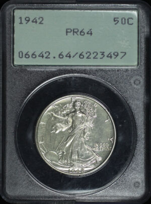 Obverse of this 1942 Walking Liberty Half Dollar PCGS PR-64 Old Green Rattler Holder