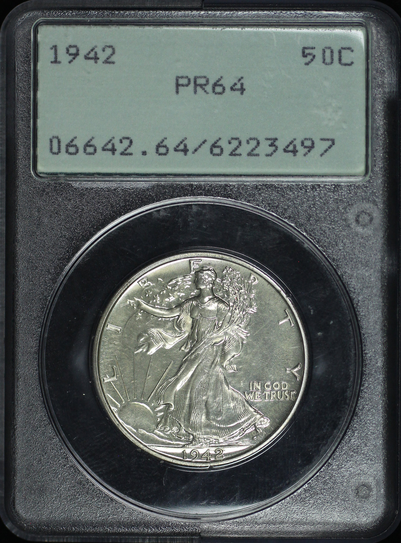 Obverse of this 1942 Walking Liberty Half Dollar PCGS PR-64 Old Green Rattler Holder