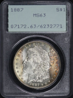 Obverse of this 1887 Morgan Dollar PCGS MS-63 Old Green Rattler Holder