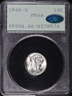 Obverse of this 1940-S Mercury Dime PCGS MS-66 CAC Old Green Rattler Holder