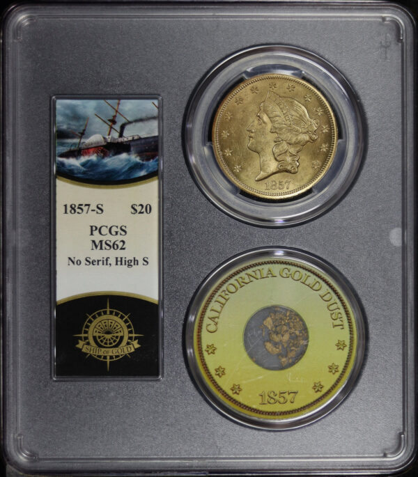 Obverse of this 1857-S Liberty Head $20 No Serif High S PCGS MS-62 S.S. Central America Shipwreck Bob Evans Signature Label with One Pinch of CA Gold Dust