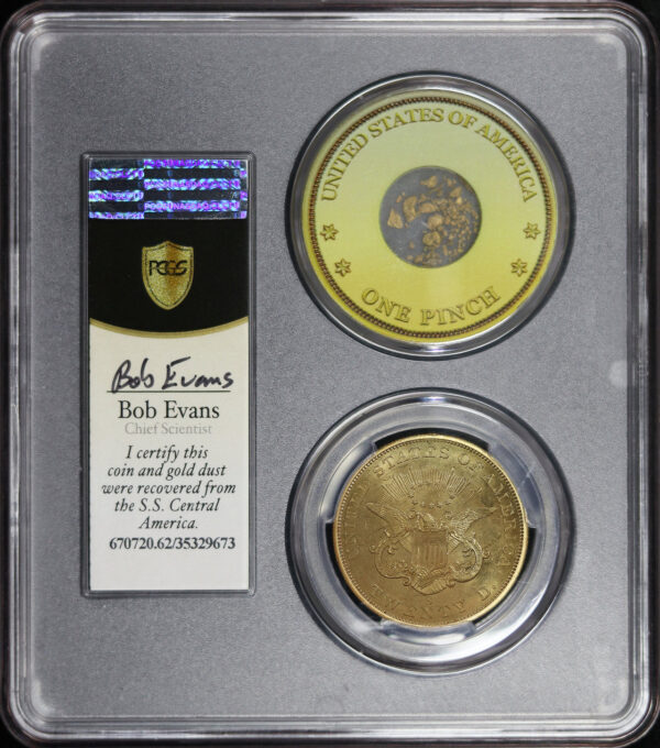 Reverse of this 1857-S Liberty Head $20 No Serif High S PCGS MS-62 S.S. Central America Shipwreck Bob Evans Signature Label with One Pinch of CA Gold Dust