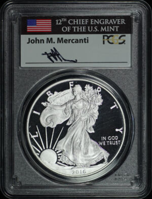 Obverse of this 2016-W Silver Eagle 30th Anniversary Lettered Edge PCGS PR-70 DCAM Lettered Edge John M. Mercanti Label