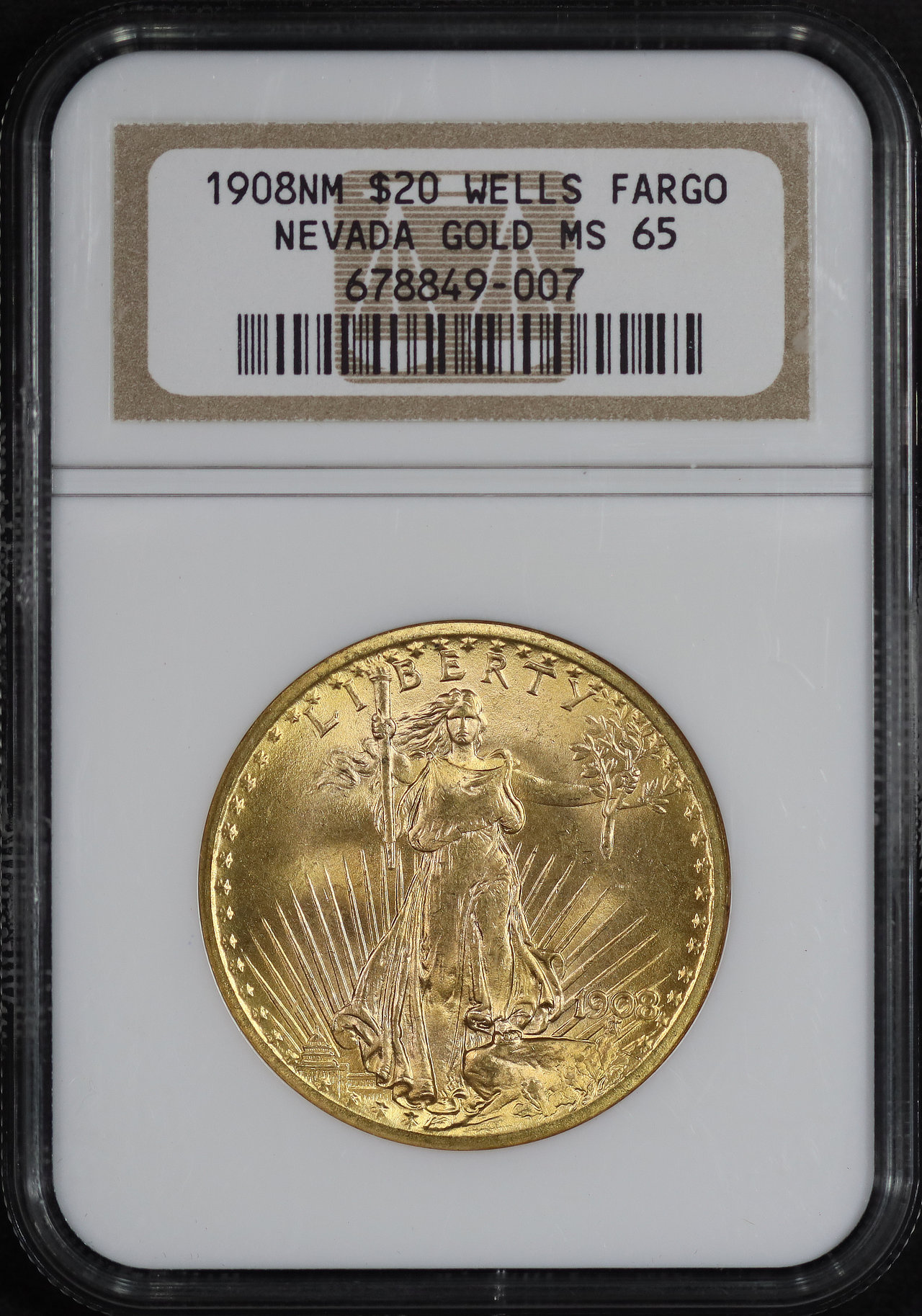 Obverse of this 1908 St. Gaudens $20 No Motto NGC MS-65 Nevada Wells Fargo