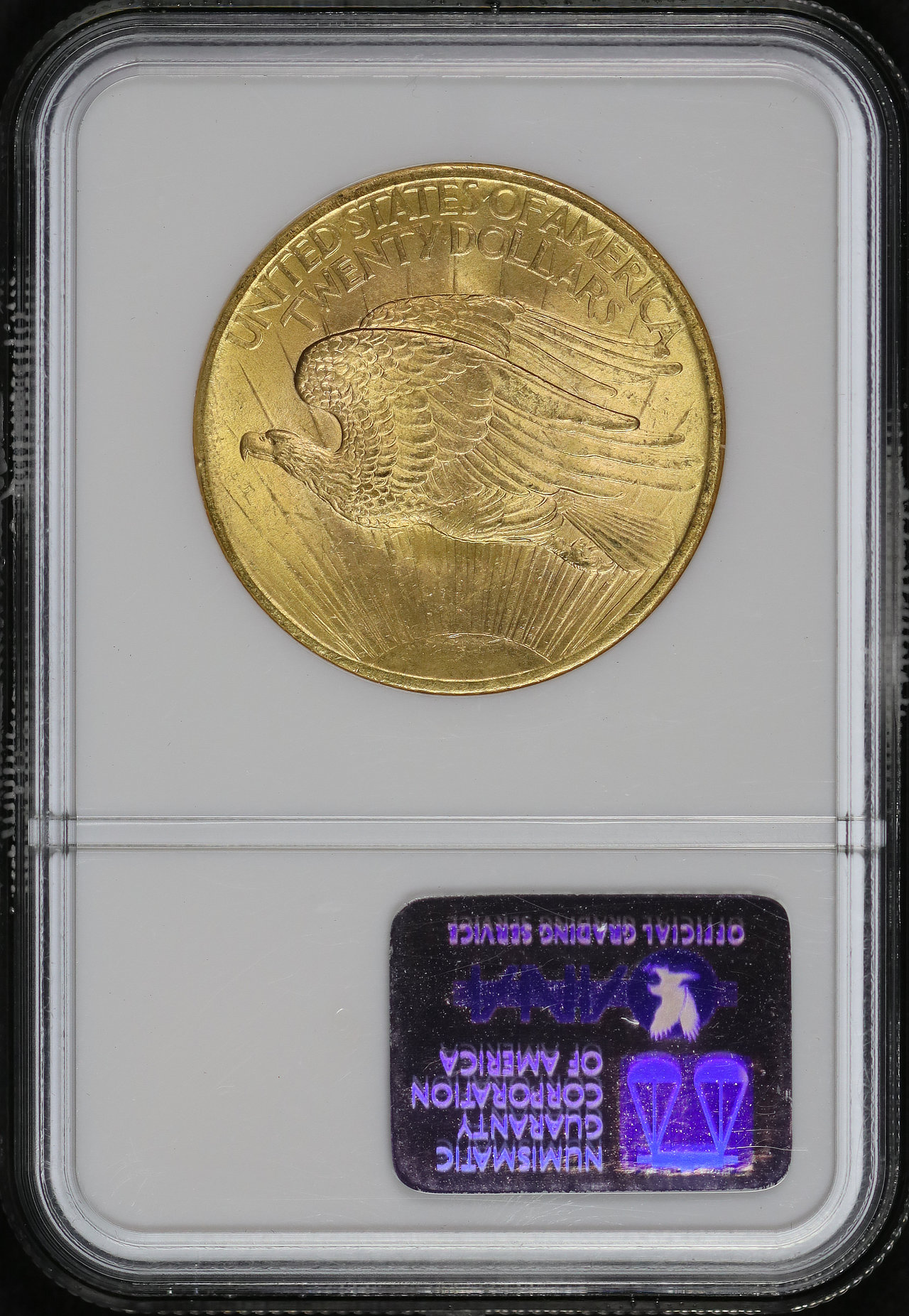 Reverse of this 1908 St. Gaudens $20 No Motto NGC MS-65 Nevada Wells Fargo