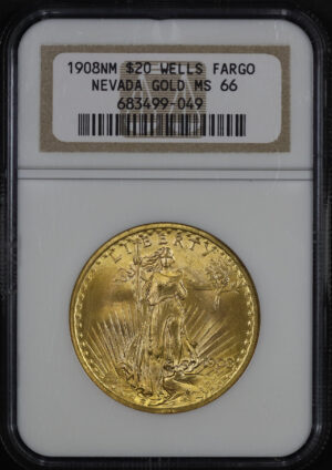 Obverse of this 1908 St. Gaudens $20 No Motto NGC MS-66 Nevada Wells Fargo