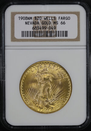 Obverse of this 1908 St. Gaudens $20 No Motto NGC MS-66 Nevada Wells Fargo