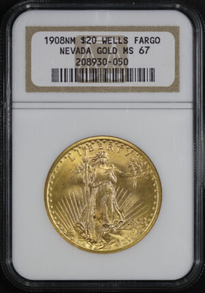 Obverse of this 1908 St. Gaudens $20 No Motto NGC MS-67 Nevada Wells Fargo