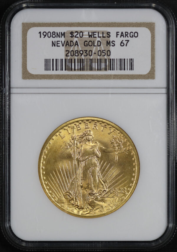 Obverse of this 1908 St. Gaudens $20 No Motto NGC MS-67 Nevada Wells Fargo