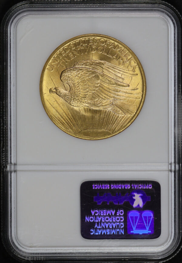 Reverse of this 1908 St. Gaudens $20 No Motto NGC MS-67 Nevada Wells Fargo