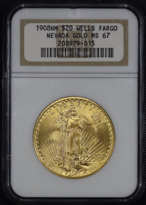 Obverse of this 1908 St. Gaudens $20 No Motto NGC MS-67 Wells Fargo