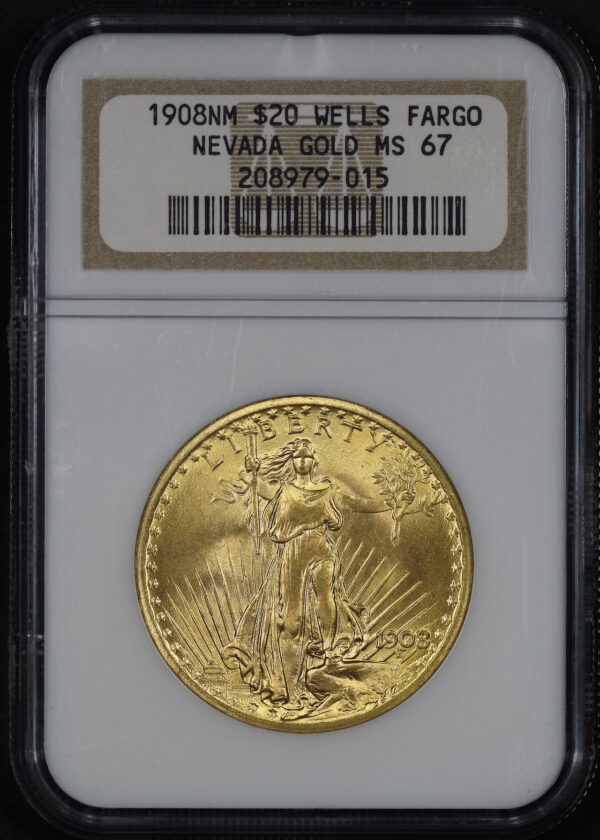 Obverse of this 1908 St. Gaudens $20 No Motto NGC MS-67 Wells Fargo