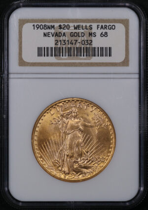 Obverse of this 1908 St. Gaudens $20 No Motto NGC MS-68 Nevada Wells Fargo
