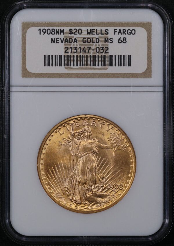 Obverse of this 1908 St. Gaudens $20 No Motto NGC MS-68 Nevada Wells Fargo