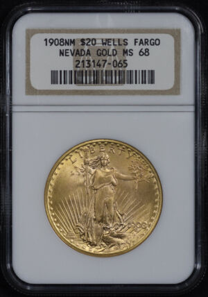 Obverse of this 1908 St. Gaudens $20 No Motto NGC MS-68 Wells Fargo