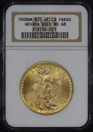 Obverse of this 1908 No Motto St. Gaudens $20 NGC MS-68 Wells Fargo Nevada Gold Hoard